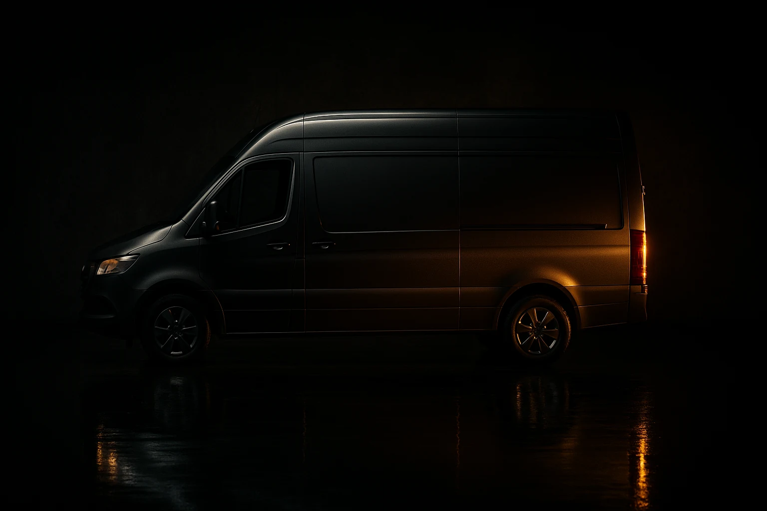 Dark grey high-roof cargo van in a dark studio